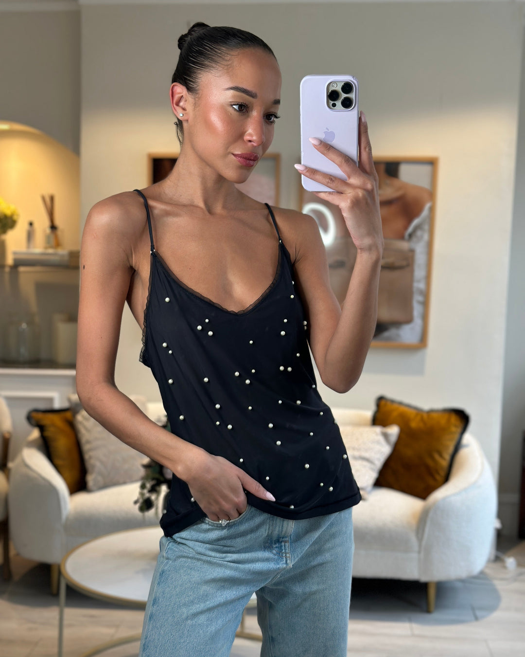Top Quality Chanel Black Tank Top with Pearl Embellishments and CC Logo Detail Size FR 38 (UK 10)