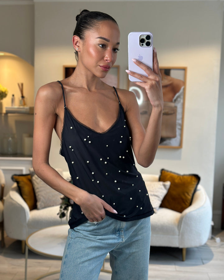 Top Quality Chanel Black Tank Top with Pearl Embellishments and CC Logo Detail Size FR 38 (UK 10)