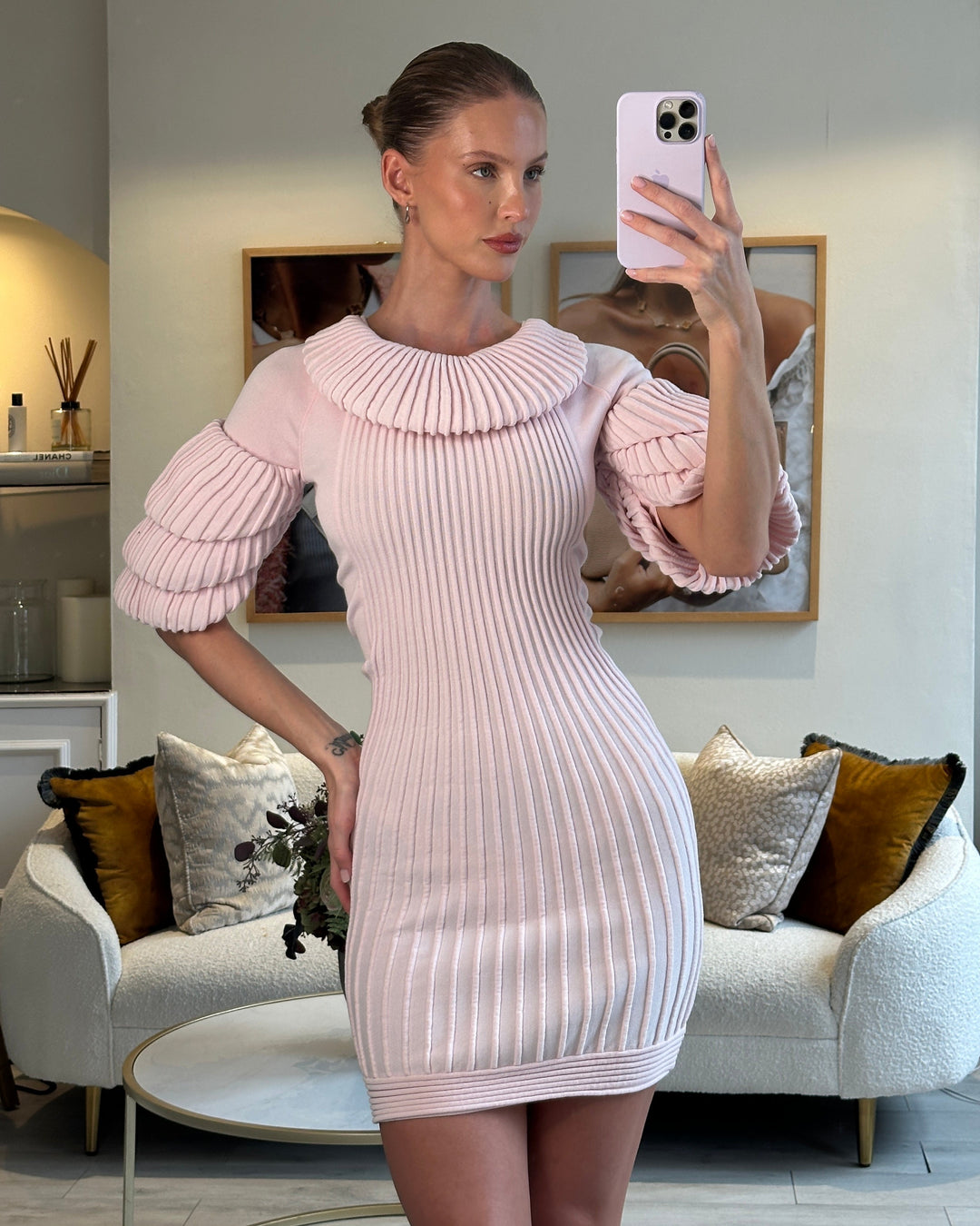 Top Quality Chanel Pink Paris Moscow Short Sleeve Ruffle Mini Dress with Pearl Zipper Logo Size FR 34 (UK 6)