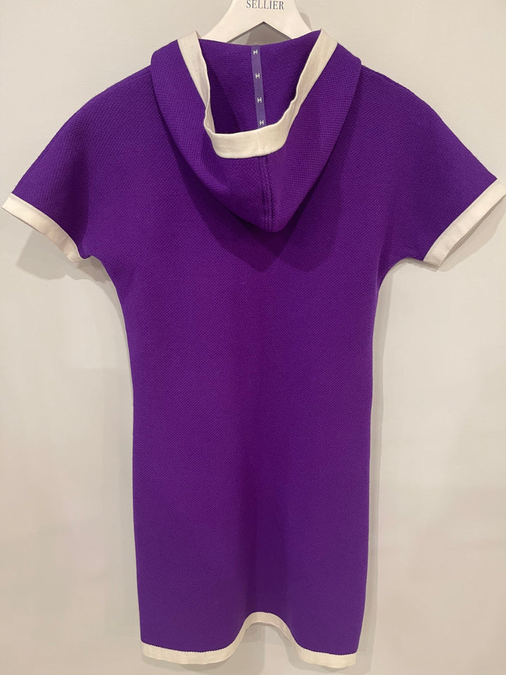 Top Quality Chanel Cruise 2024 Purple Cashmere Short Sleeve Hooded Mini Dress with Crystal Multicolour CC Buttons Detail Size FR 36 (UK 8)