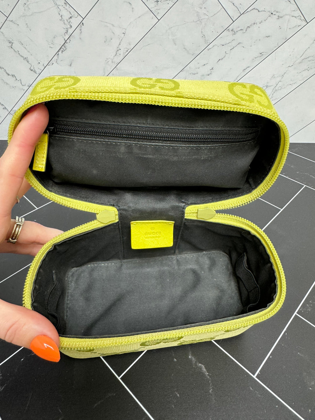 Gucci Green Canvas Top Handle Vanity Bag