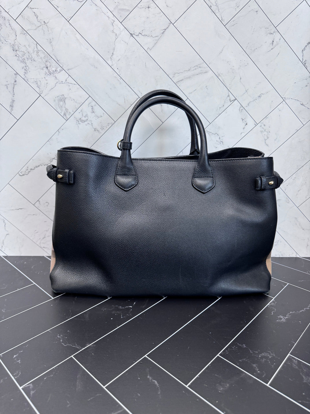 Burberry Black Leather Banner Tote Bag