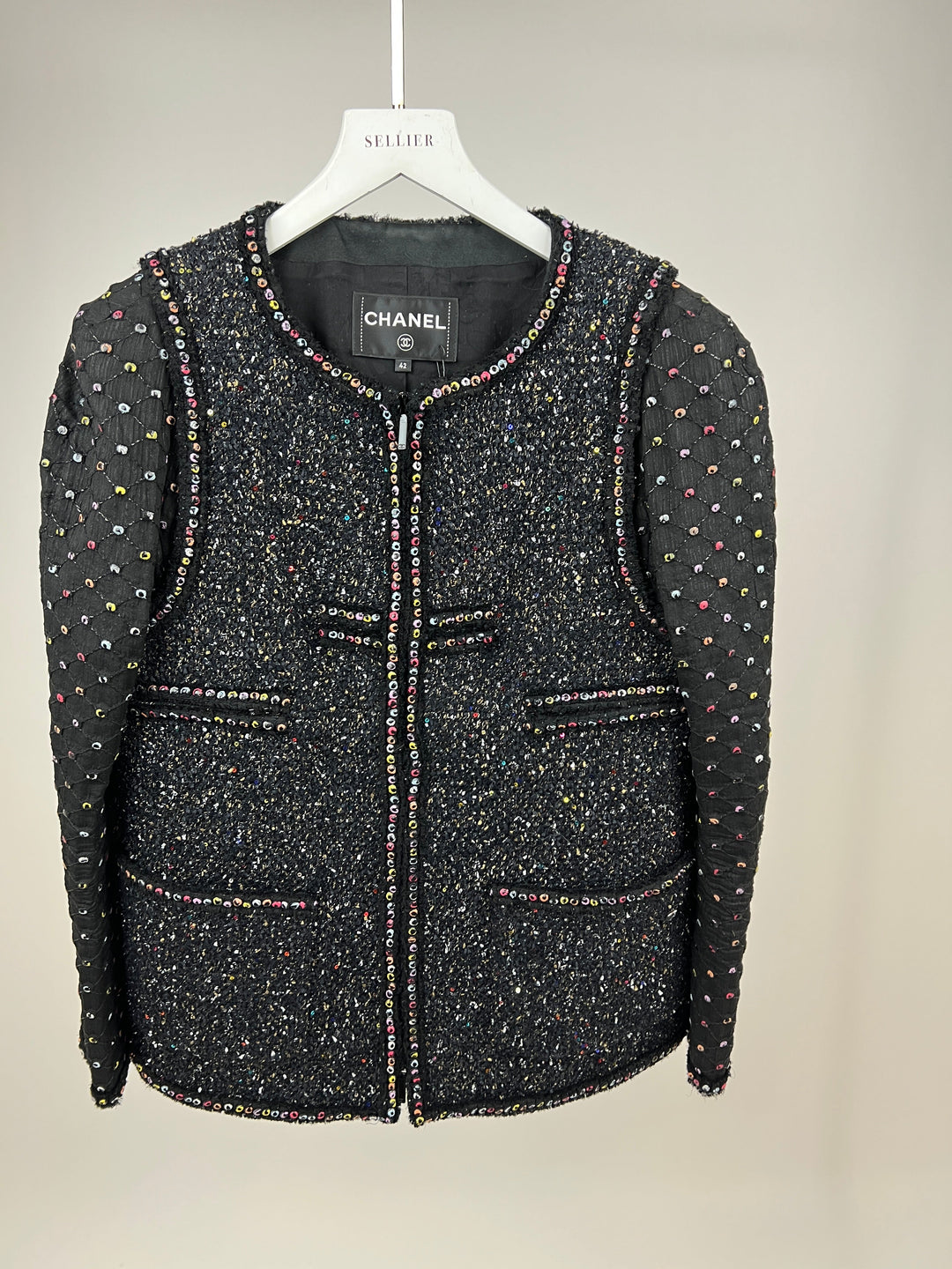 Top Quality Chanel  Fall 2017 Black Tweed Jacket with Multicoloured Sequin Details Size FR 42 (UK 14)