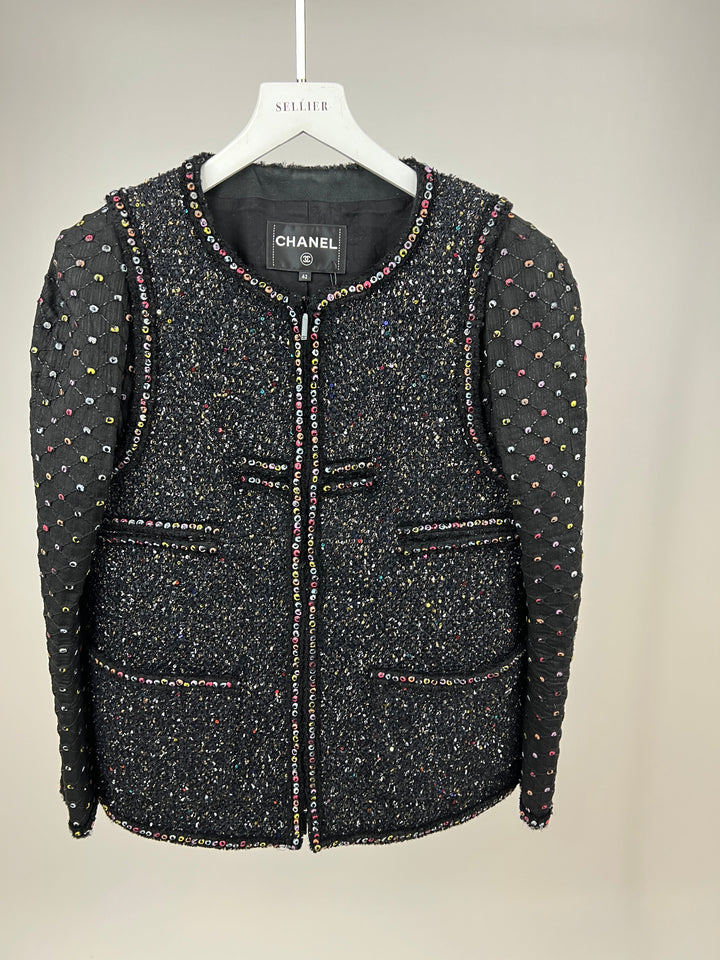 Top Quality Chanel  Fall 2017 Black Tweed Jacket with Multicoloured Sequin Details Size FR 42 (UK 14)