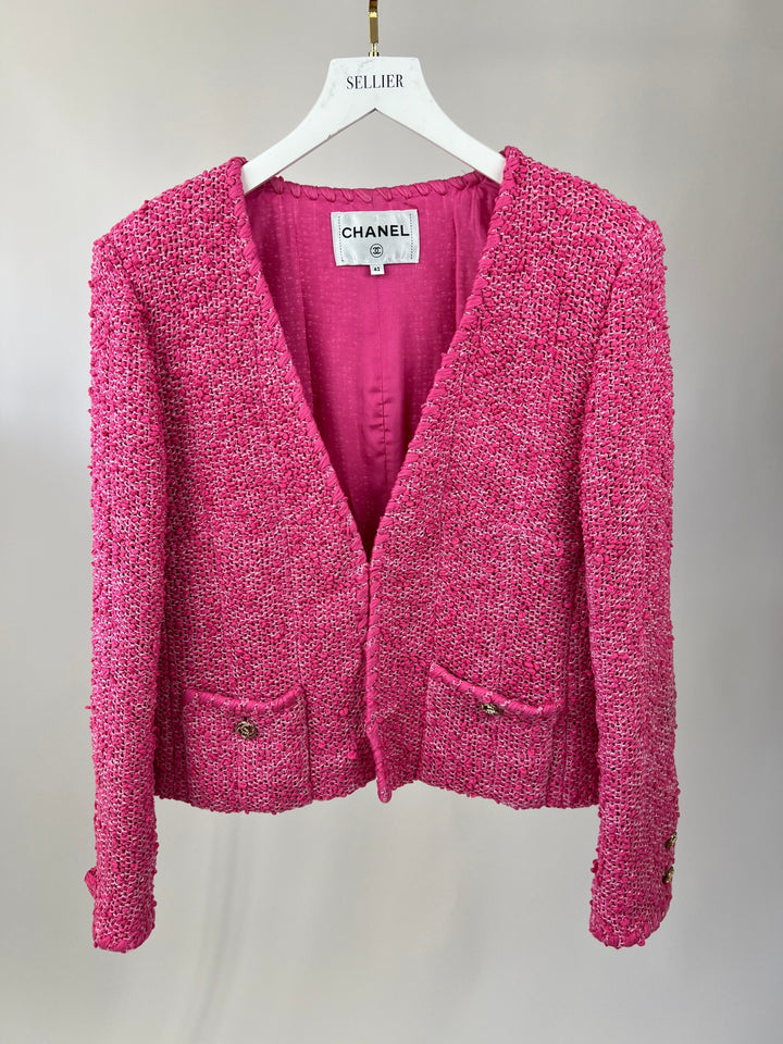 *HOT* Chanel 21C Pink Tweed Jacket and Skirt Set with CC Logo Buttons Size FR 42 (UK 14)
