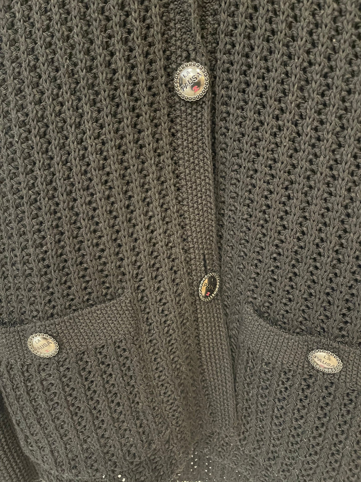 Top Quality Chanel Black La Pausa Knit igan with Logo Buttons Details Size FR 38 (UK 10)