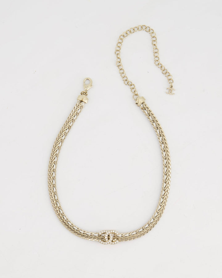 *HOT* Top Quality Chanel Chain Choker Necklace in Champagne Gold with Crystal CC Logo
