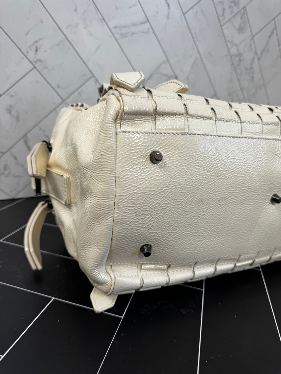 Burberry Prorsum Off White Patent Leather Satchel Large Handbag