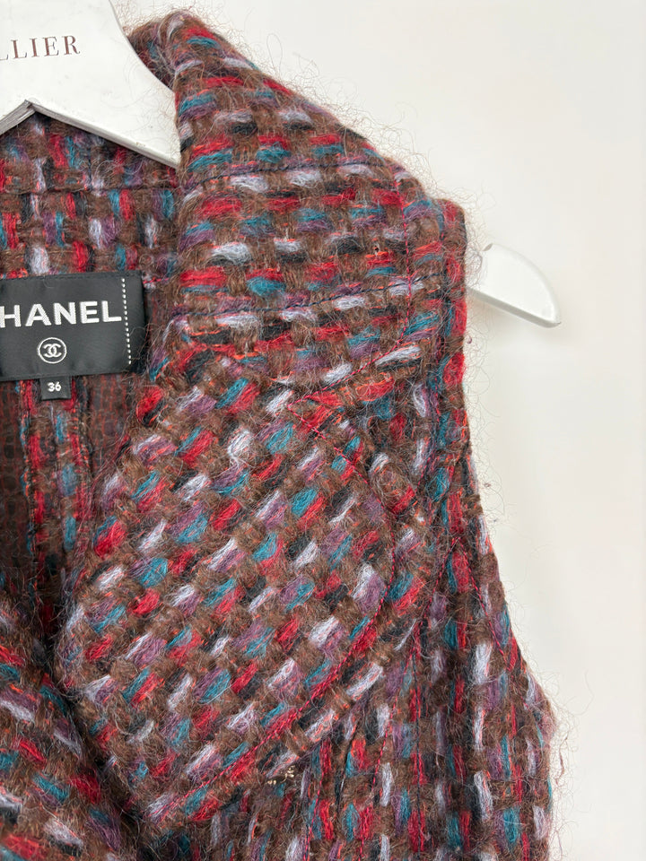 Top Quality Chanel 16P Mohair Red & Blue Tweed Gilet Jacket With Bronze Button Detail Size FR 36 (UK 8)