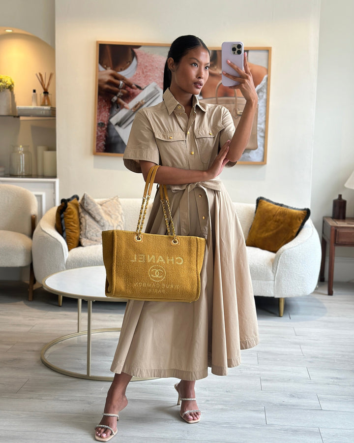*HOT* Top Quality Chanel Mustard Yellow Small Deauville Tote Bag in Velvet Tweed with Champagne Gold Hardware