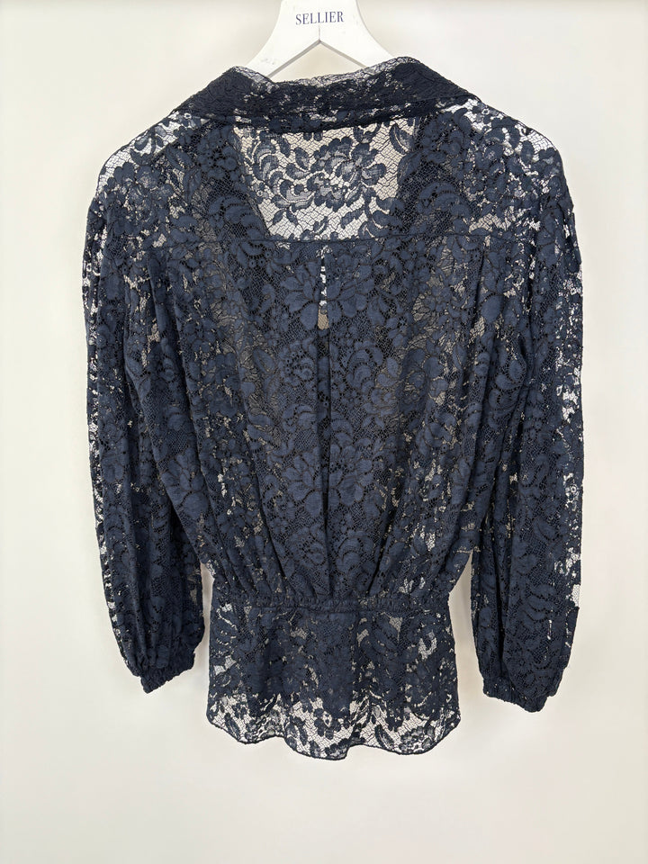 Top Quality Chanel Navy Lace Long Sleeve Shirt with Ruthenium Buttons Detail Size FR 36 (UK 8)