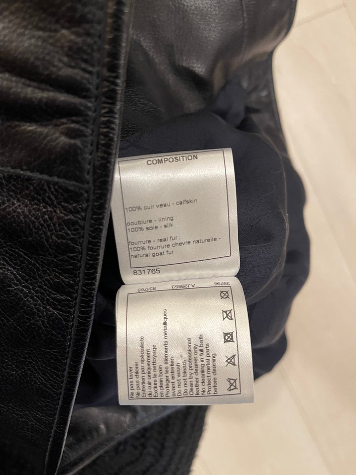 Top Quality Chanel Black Leather Asymmetric Jacket with White Fur Details and Logo Buttons Detail Size FR 34 (UK 6)