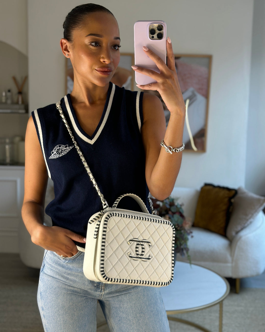 *HOT* Top Quality Chanel White Caviar Vanity Case with Zebra Motif CC Logo and Silver Hardware