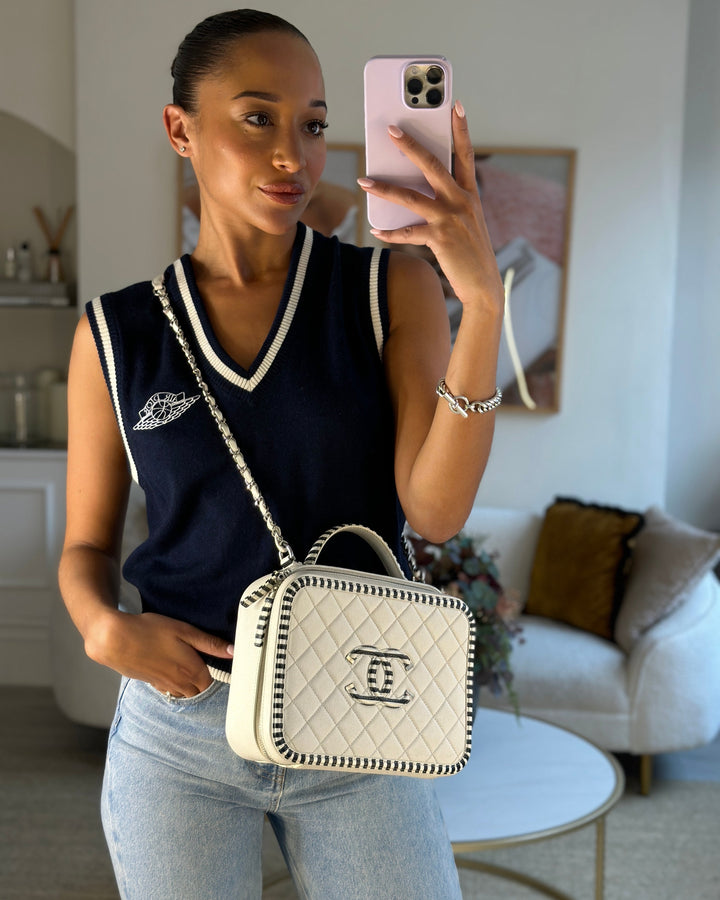 *HOT* Top Quality Chanel White Caviar Vanity Case with Zebra Motif CC Logo and Silver Hardware