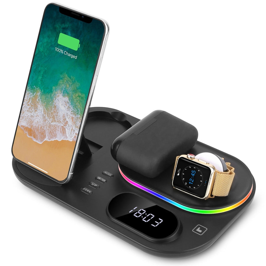 title:4-in-1 30W Wireless Charger Stand with Clock Nightlight for iWatch Airpod iPhone 13 12 11 Pro Samsung;color:Black