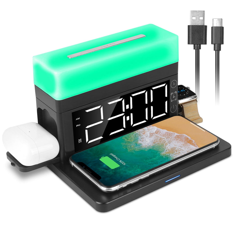 title:3-in-1 Fast Wireless Charger Dock with Alarm Clock, Dimmable Night Light - iPhone 14/13/12/11/Pro Max/iWatch/AirPods - Multiple Packs;color:Black