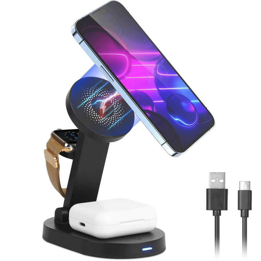 title:4-in-1 Magnetic Wireless Charger: 15W Fast Charging Stand for iPhone 13/12 Pro Max, iWatch, AirPods;color:Black