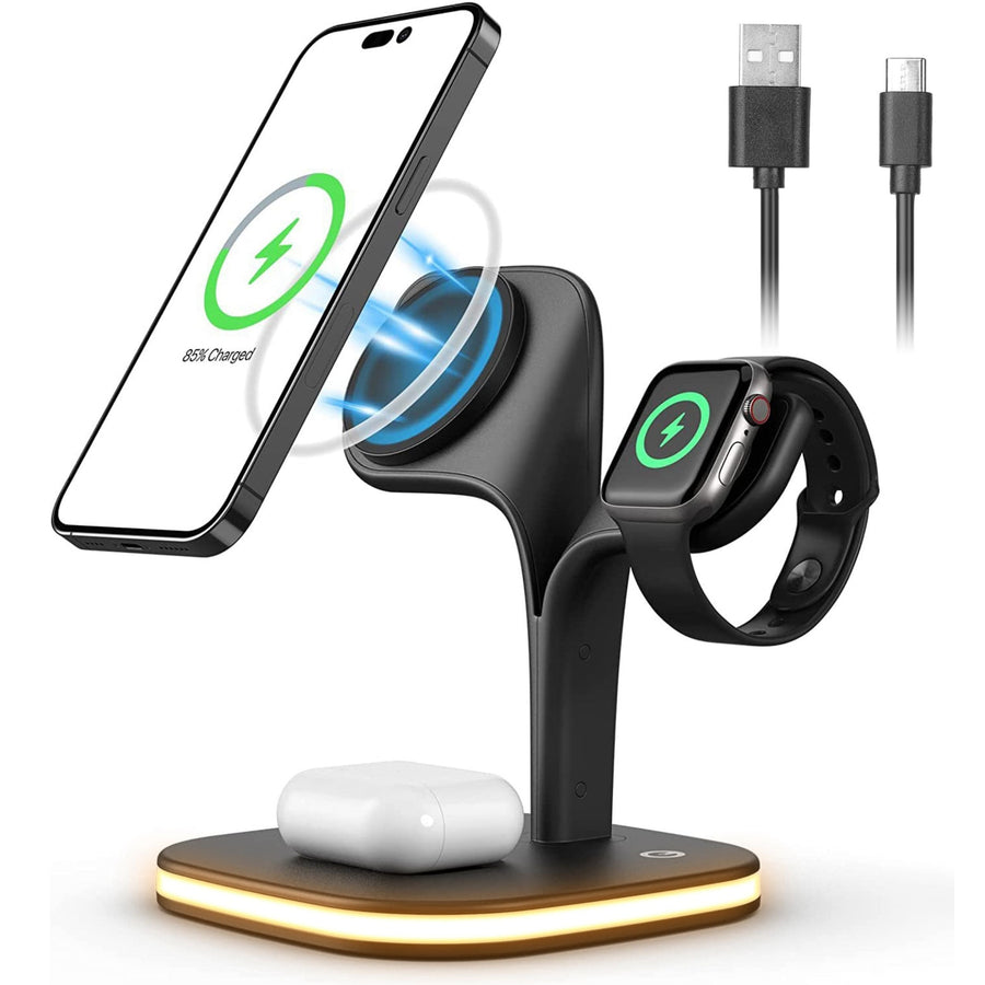 title:4-in-1 Magnetic Wireless Charger: 15W Fast Charging Stand for iPhone 14/13/12 Pro Max, iWatch 7/6/5, Nightlight;color:Black