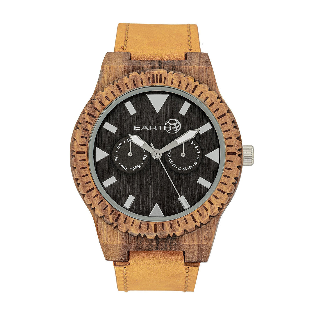 Earth Wood Hyperion Leather-Band Watch w/Day/Date - Olive