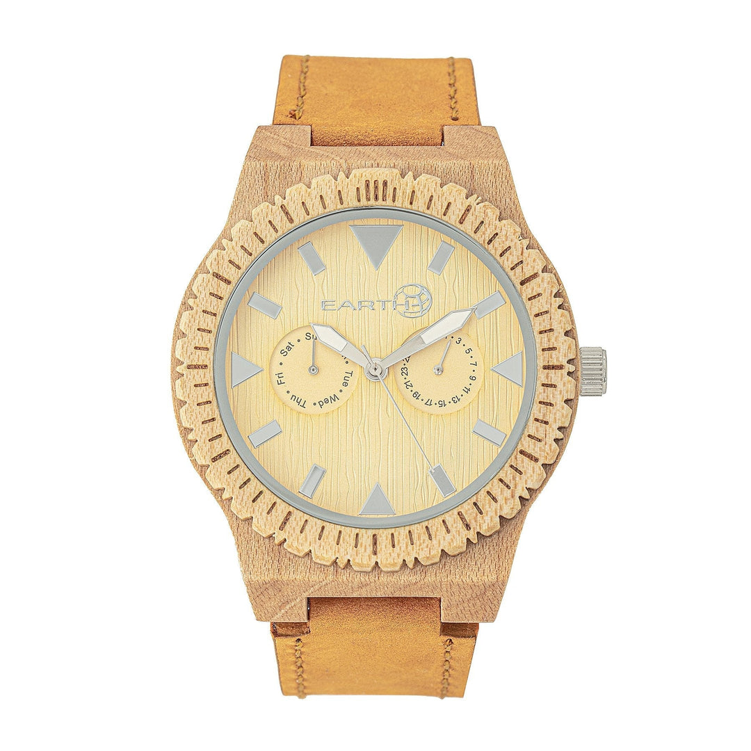 Earth Wood Hyperion Leather-Band Watch w/Day/Date
