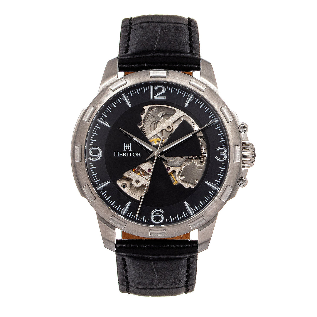 Heritor Automatic Theo Semi-Skeleton Leather-Band Watch - Black