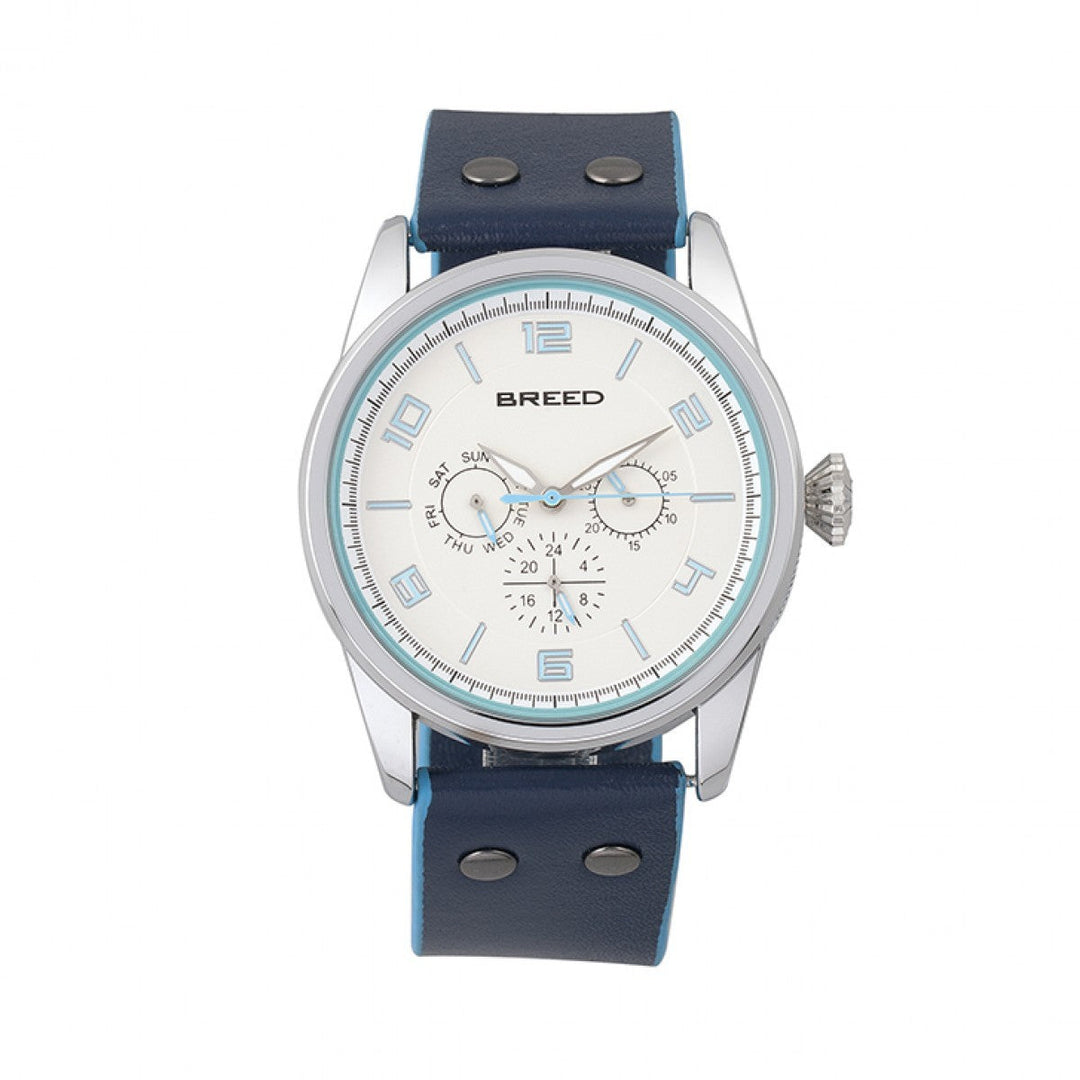 Breed Rio Leather-Band Watch w/Day/Date - Silver/Blue - BRD7403