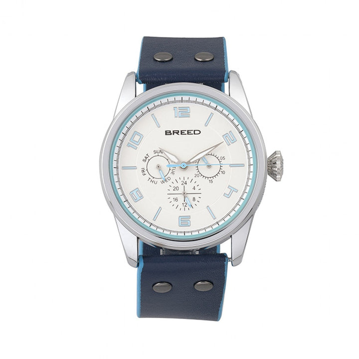 Breed Rio Leather-Band Watch w/Day/Date - Silver/Blue - BRD7403