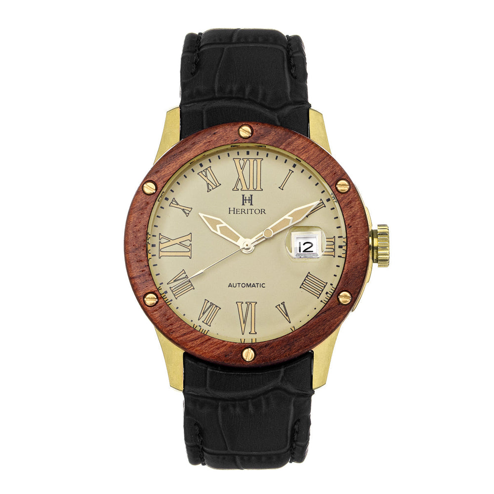 Heritor Automatic Everest Wooden Bezel Leather Band Watch /Date - Ruumur