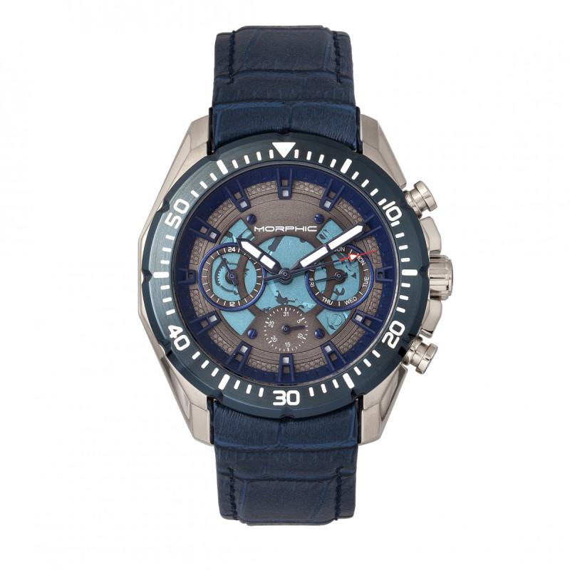 Morphic M66 Series Skeleton Dial Leather-Band Watch w/ Day/Date