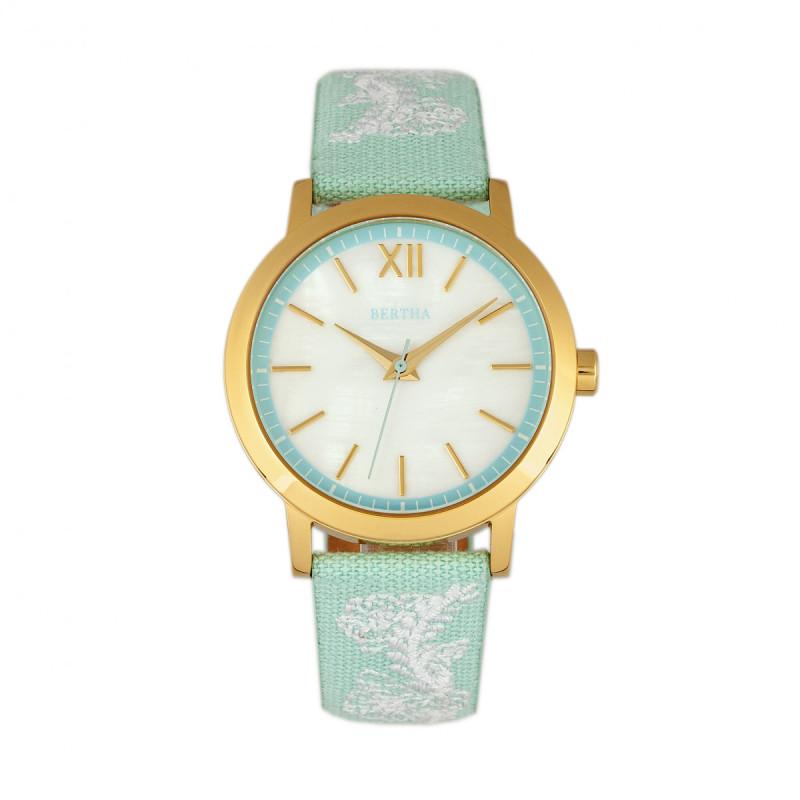 Bertha Penelope MOP Nylon-Overlaid Leather-Band Watch
