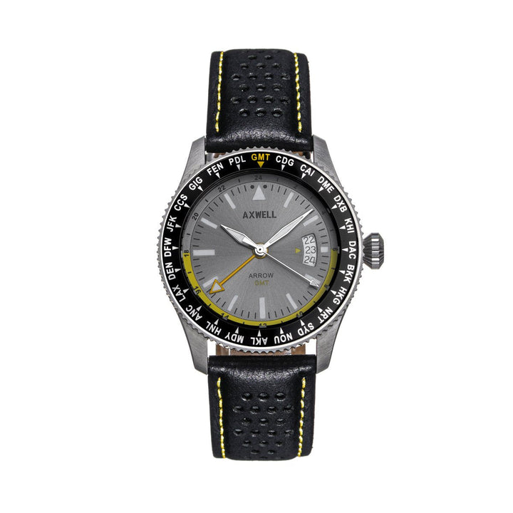 Axwell Arrow Leather-Band Watch w/Date - Black
