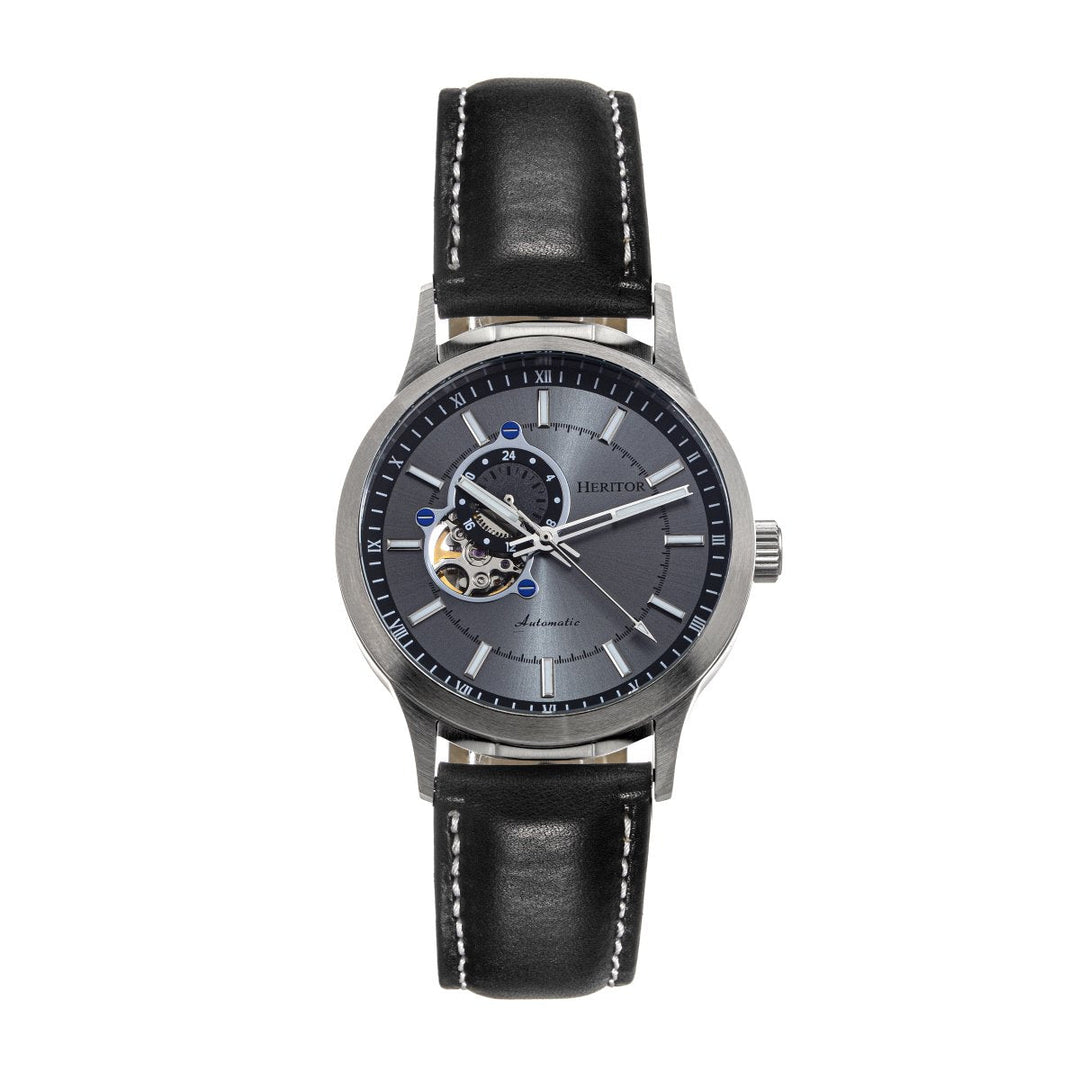 Heritor Automatic Oscar Semi-Skeleton Leather-Band Watch