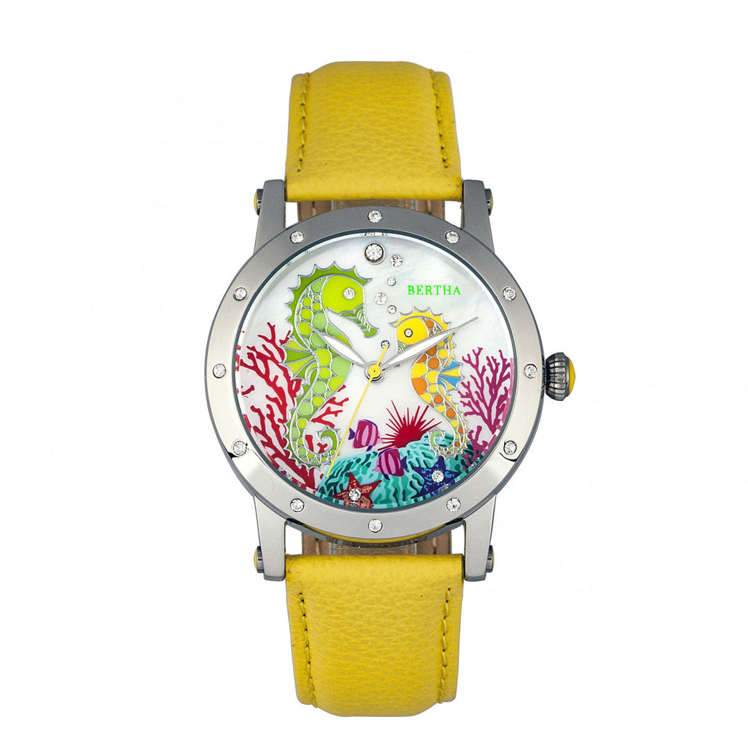 Bertha Morgan MOP Leather-Band Ladies Watch - Silver/Yellow