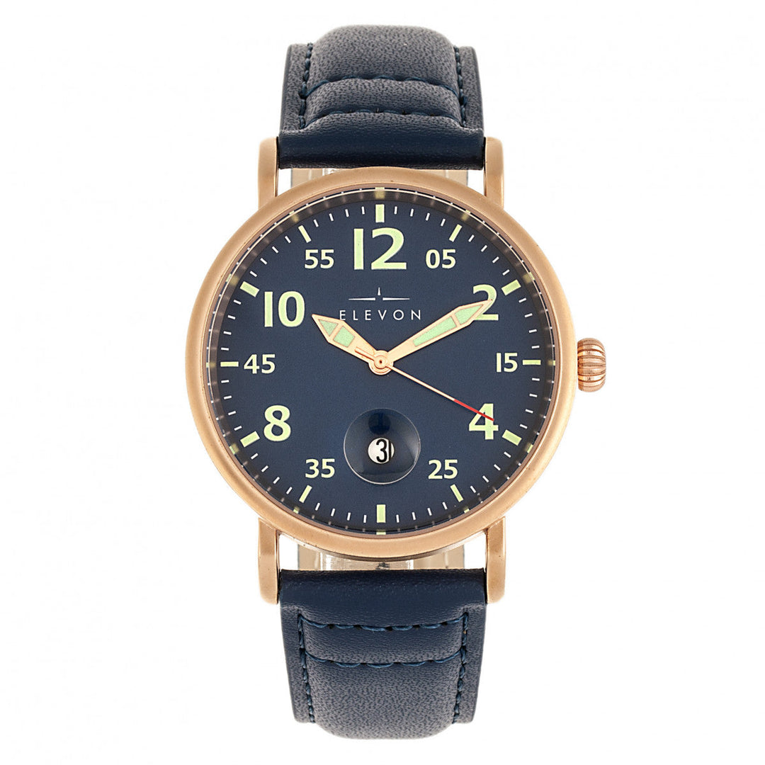 Elevon Von Braun Leather-Band Watch w/Date - Rose Gold/Blue