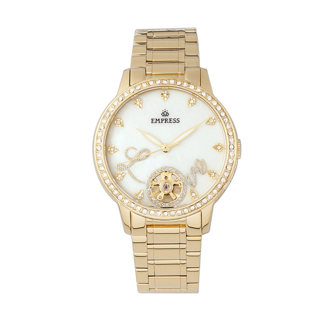 Empress Quinn Automatic MOP Semi-Skeleton Dial Bracelet Watch - Gold