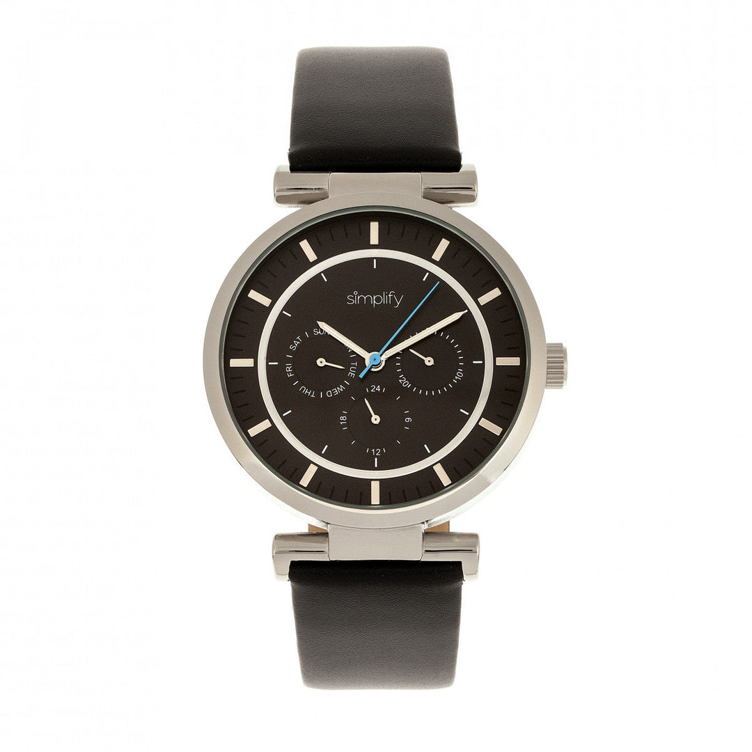 Simplify The 4800 Leather-Band Watch w/Day/Date - Black/Silver