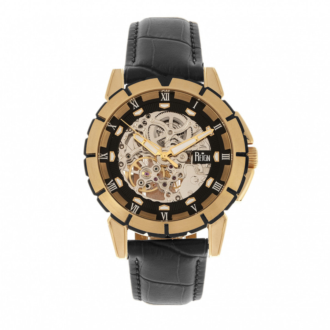Reign Philippe Automatic Skeleton Leather-Band Watch - Gold/Black