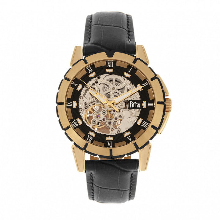 Reign Philippe Automatic Skeleton Leather-Band Watch - Gold/Black