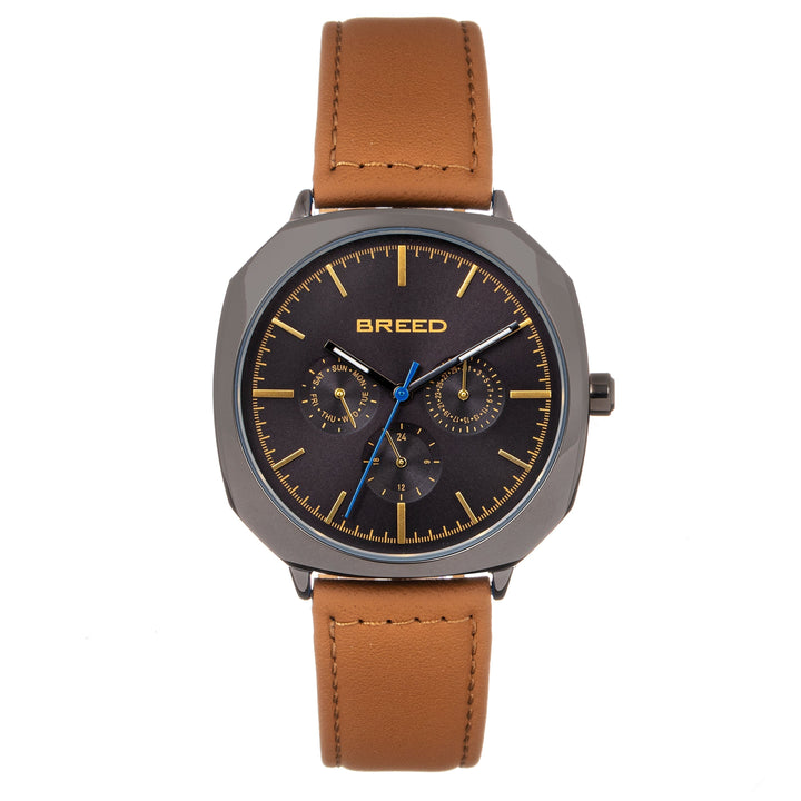 Breed Revolver Leather-Band Watch w/Day/Date - Beige/Silver