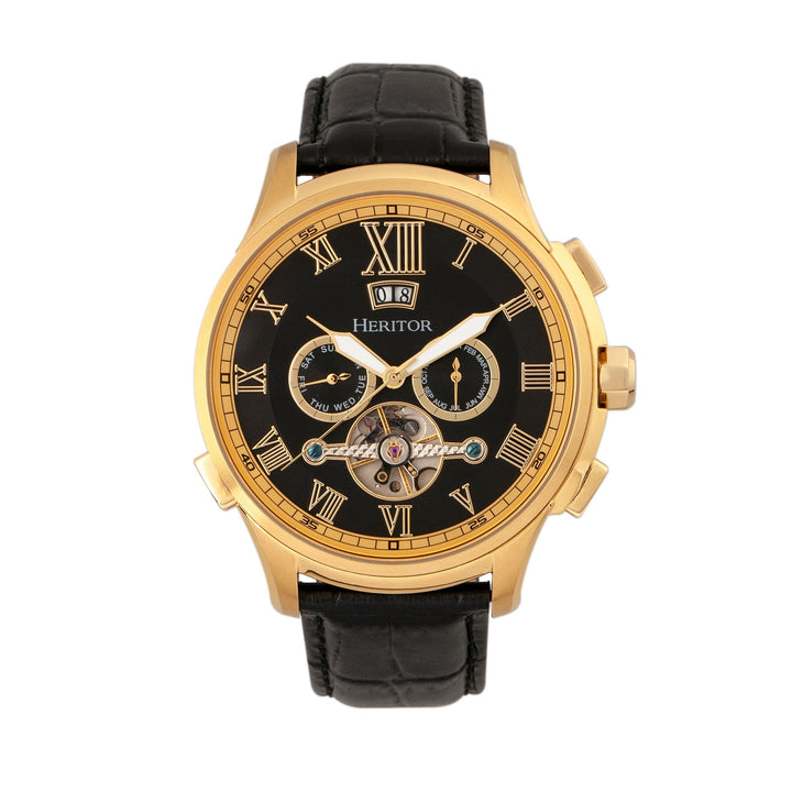Heritor Automatic Hudson Semi-Skeleton Leather-Band Watch w/Day/Date - Black/Gold