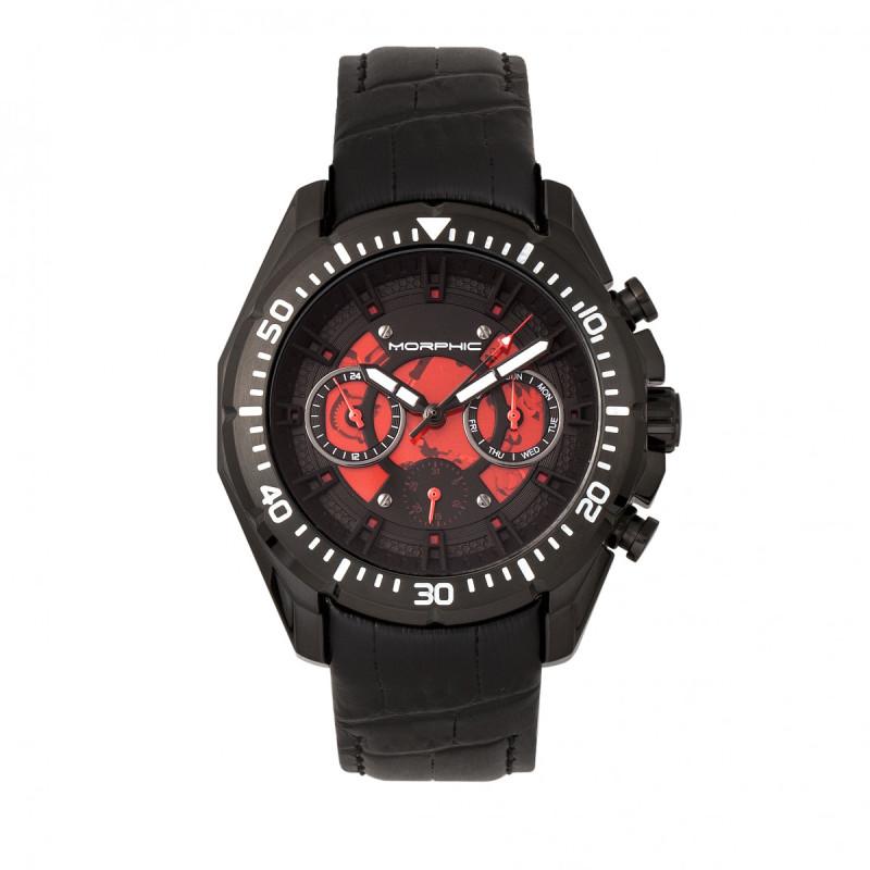 Morphic M66 Series Skeleton Dial Leather-Band Watch w/ Day/Date