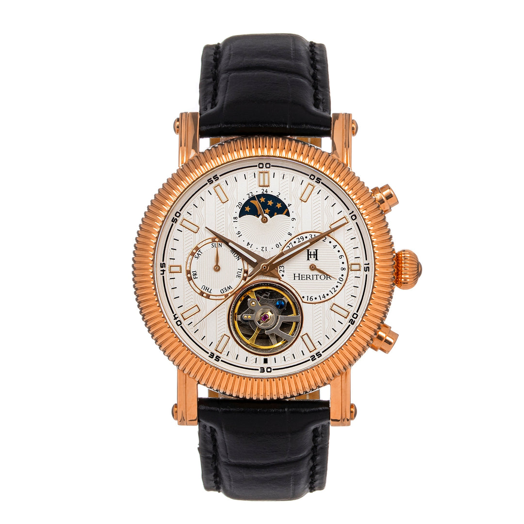Heritor Automatic Barnsley Semi-Skeleton Leather-Band Watch - Rose Gold/White