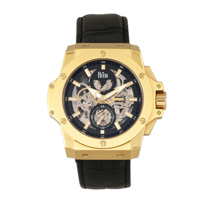 Reign Commodus Automatic Skeleton Leather-Band Watch - Gold/Black