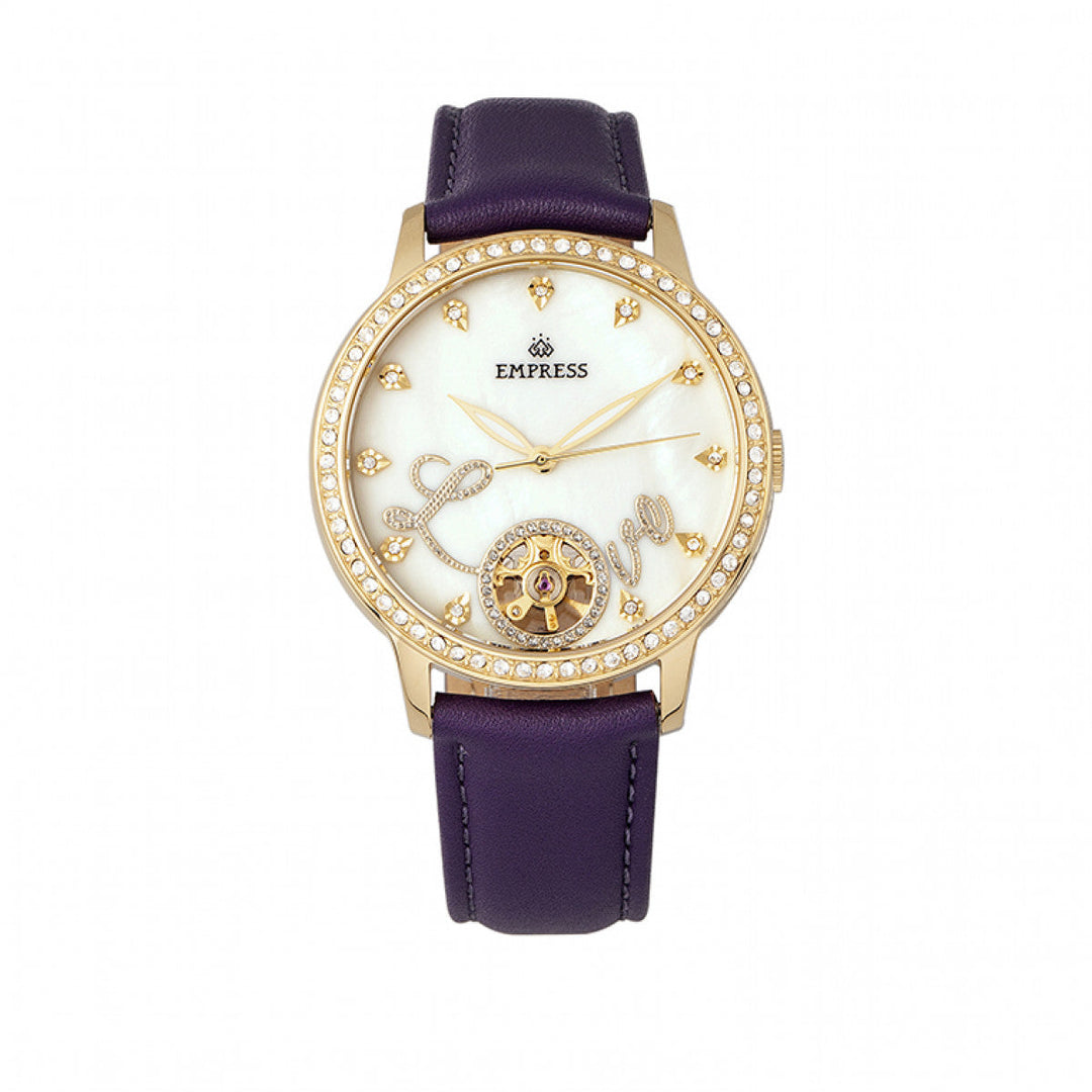 Empress Quinn Automatic MOP Semi-Skeleton Dial Leather-Band Watch - Purple