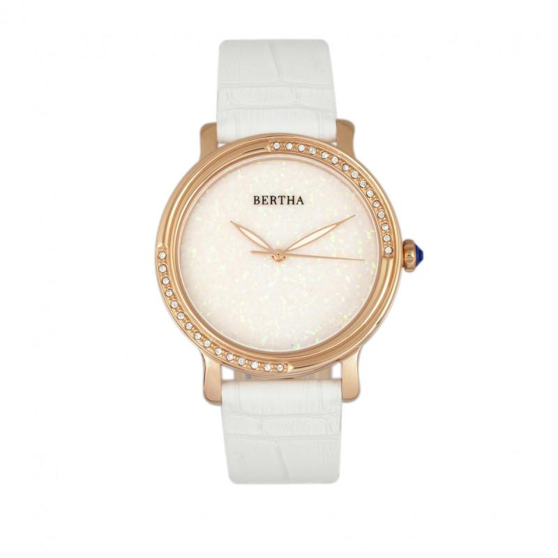 Bertha Courtney Opal Dial Leather-Band Watch