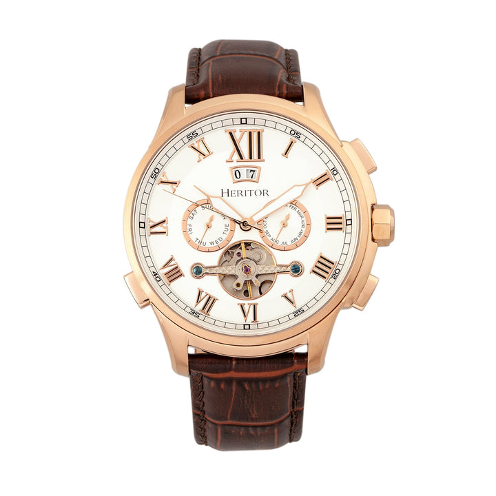 Heritor Automatic Hudson Semi-Skeleton Leather-Band Watch w/Day/Date - Brown/Rose Gold
