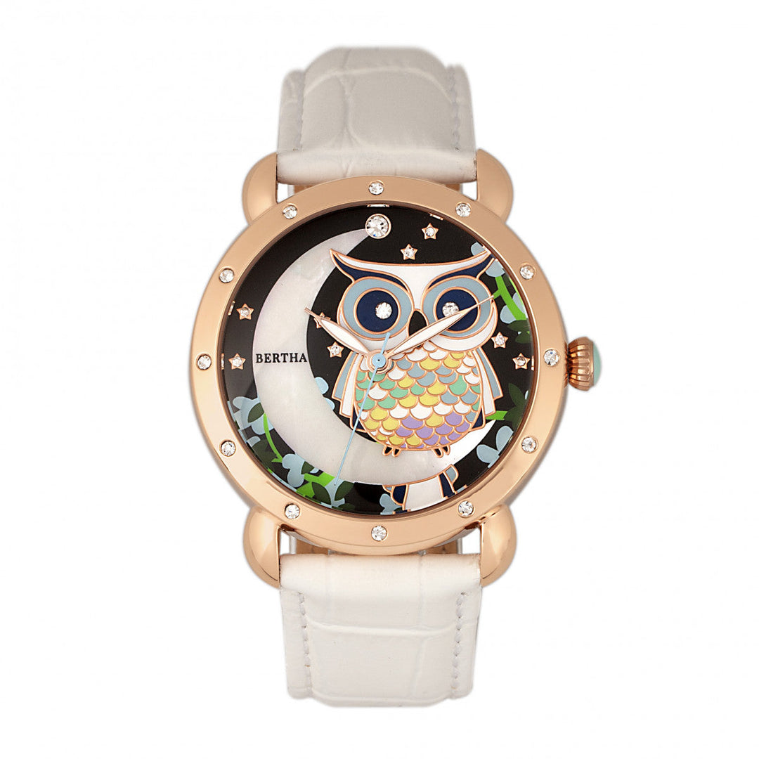 Bertha Ashley MOP Leather-Band Ladies Watch - Rose Gold/White