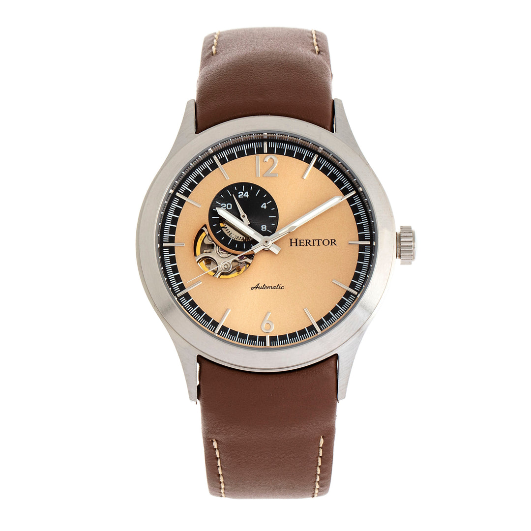 Heritor Automatic Antoine Semi-Skeleton Leather-Band Watch - Silver/Tan
