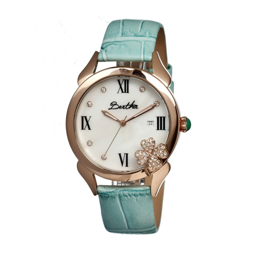 Bertha Clover MOP Leather-Band Ladies Watch - Rose Gold/Powder Blue - BTHBR2205