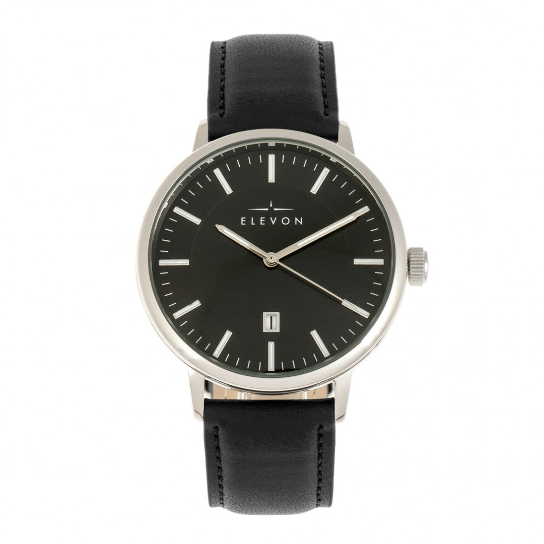 Elevon Vin Leather-Band Watch w/Date - Silver/Black